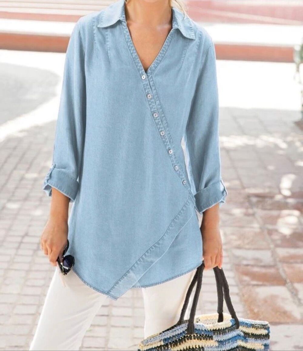 Soft Surroundings Women's Washed Tencel Denim Tunic Top Light Blue 2X NWT